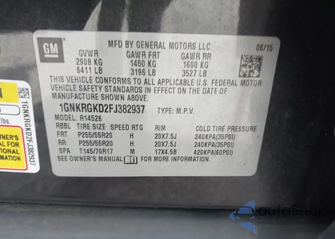 2015 Chevrolet Traverse Lt z USA, uszkodzony, nr VIN 1GNKRGKD2FJ382937